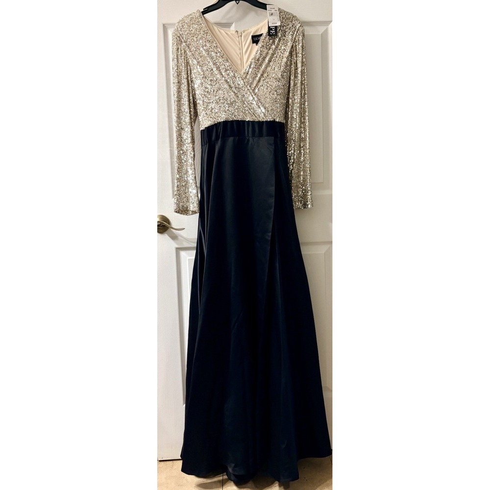 Xscape Women's V-Neck Long Sleeve Sequin Satin Gown Champagne/Black size 14